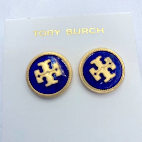 NWOT Tory Burch Gold Logo Dark Blue Medallion Stud Earrings - Picture 2 of 7